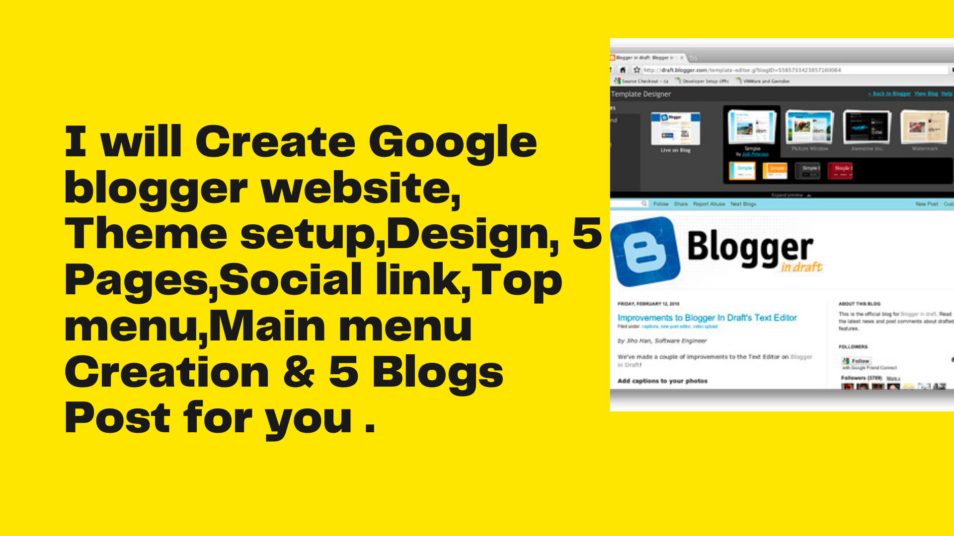 I will create a google blogger website, theme setup, design, pages,social link, manu creation & 5 bl