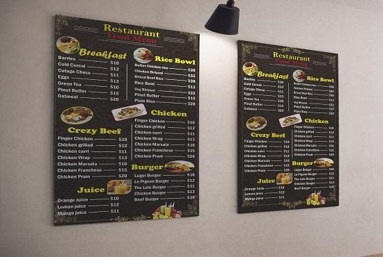 I will design restaurant menu, food menu and digital menu screen