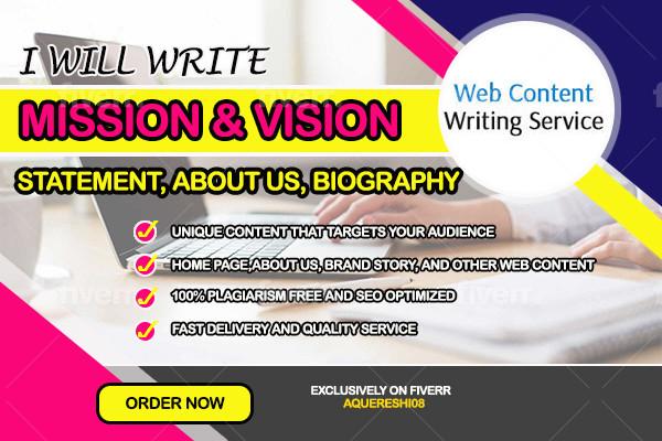 I will write a compelling mission and vision statement, About Us, Brand Story, Bio