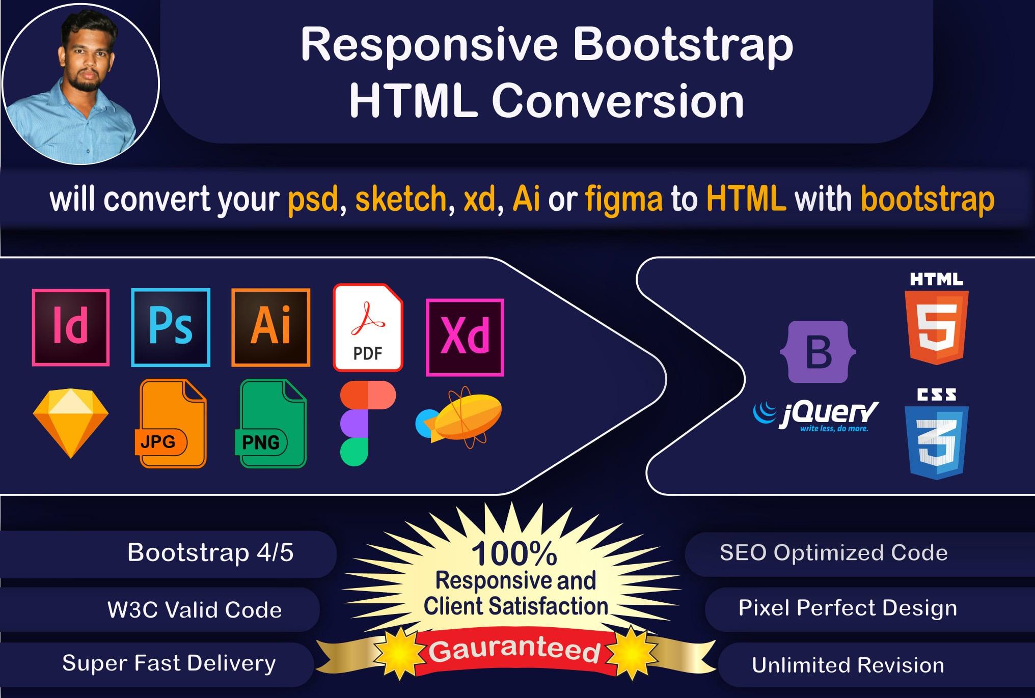 I will create website or convert your PSD, sketch, xd, ai or figma to HTML with bootstrap