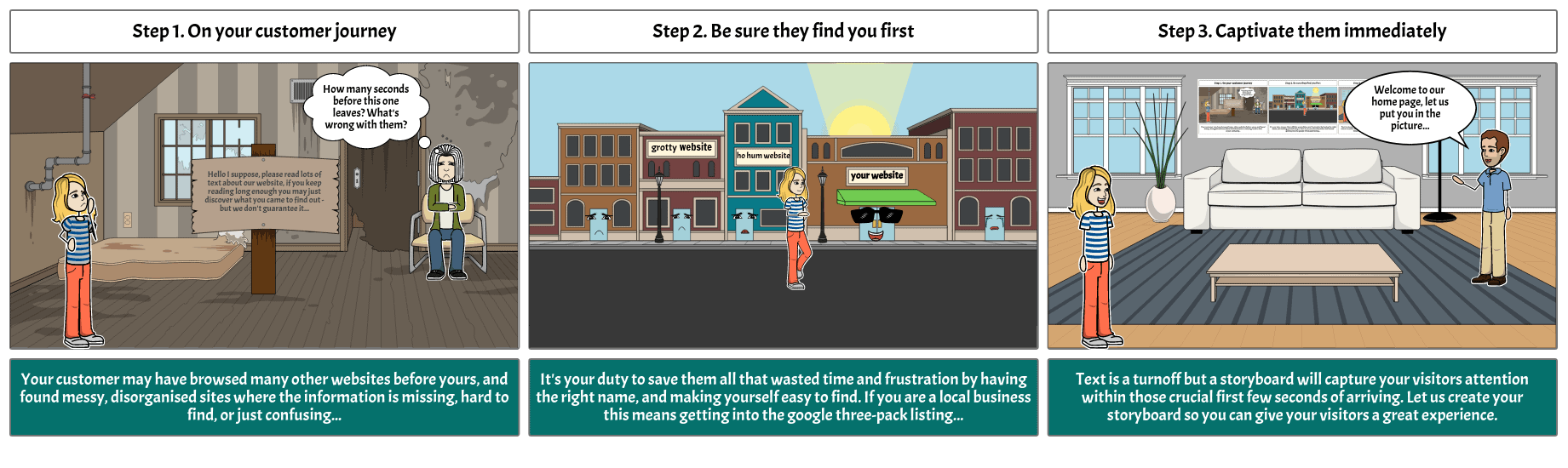 I will create a captivating and humorous storyboard up to six frames for your brand