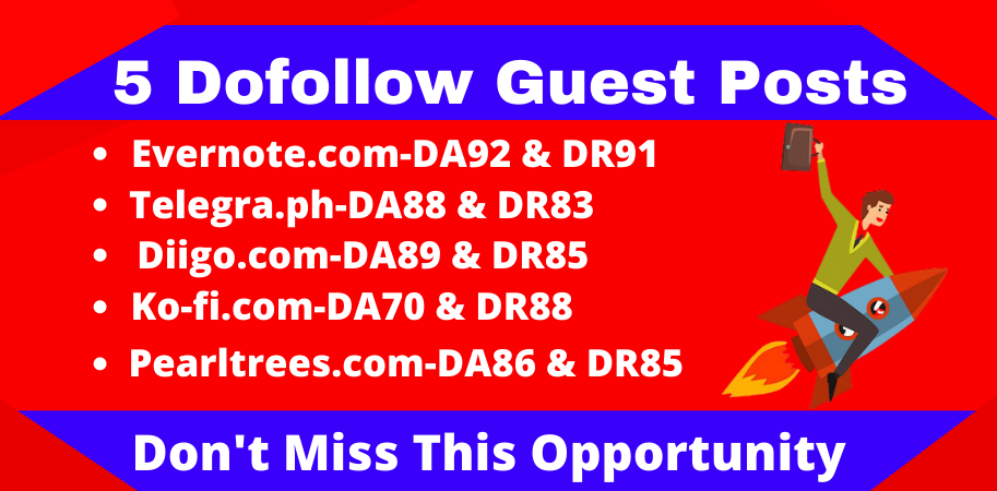 I will provide write and publish high quality 5 guest blog posts da80+ dofollow links