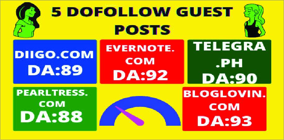 Write And Publish 5 Dofollow Guest Posts On High Traffic DA 89+ Sites