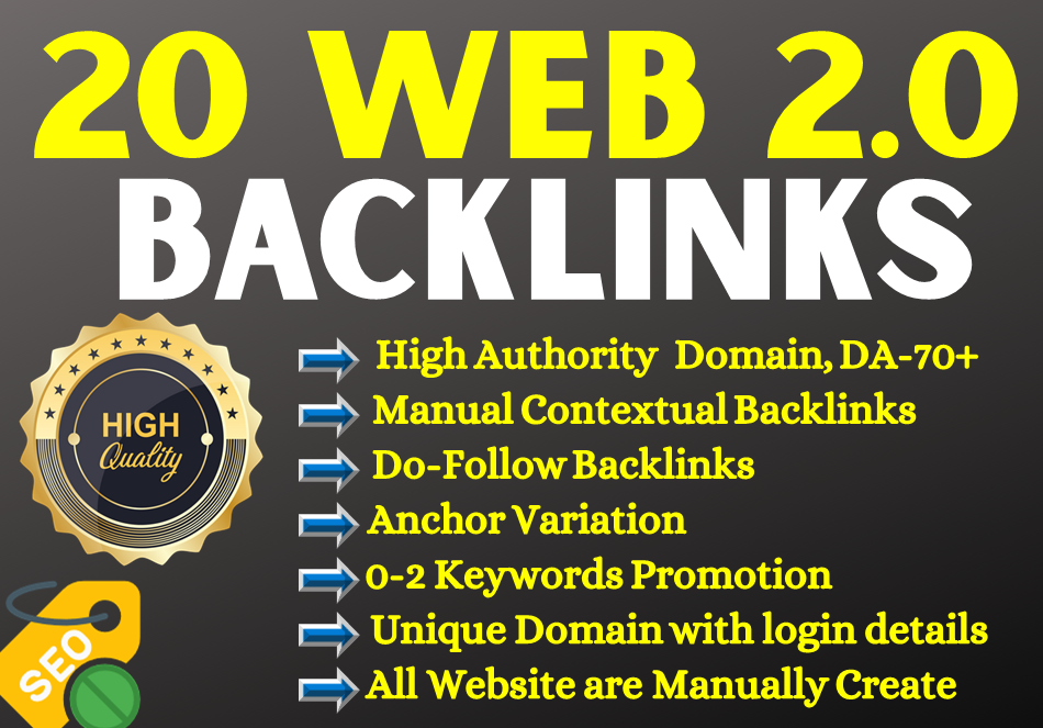 20 Web 2.0 SEO Backlinks which I will create unique (domain+Websites)