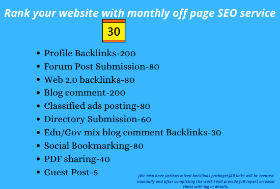 I will do google top ranking monthly off page SEO service for any website