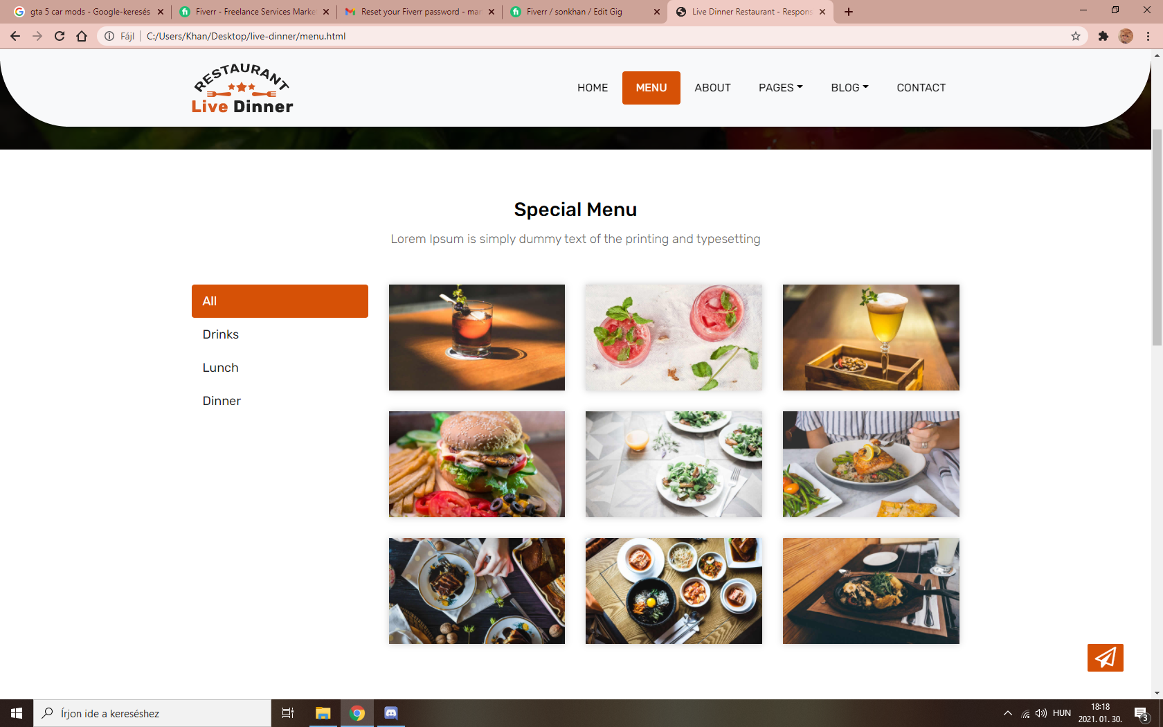 Restaurant Web Design with Adobe XD, HTML5, CSS3, JavaScript