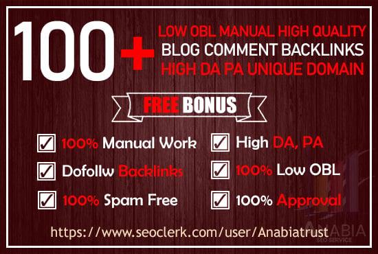 I will create 100+ Low OBL manual high quality comment backlinks using blog commenting high DA PA. 