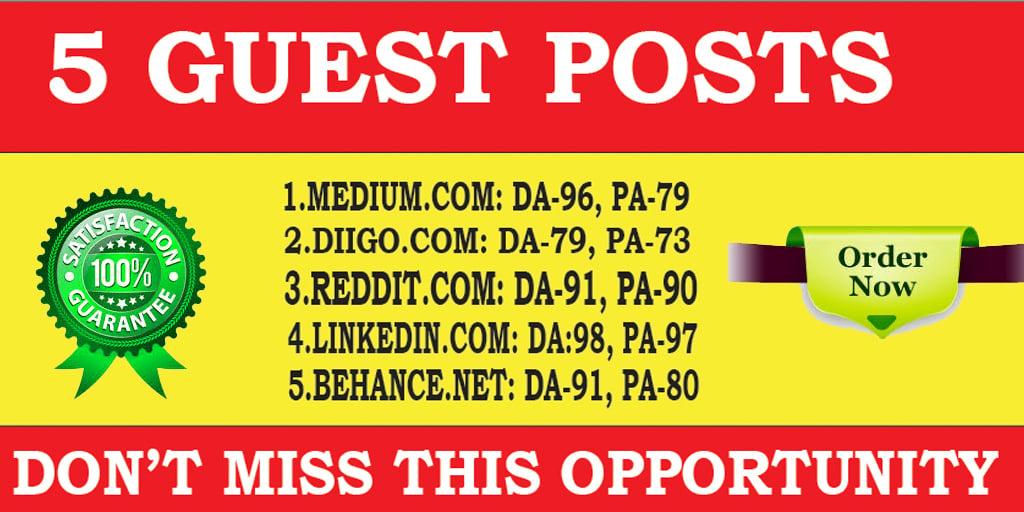 I will Write And Publish 5 Guest Posts on 5 High Actual DA PA