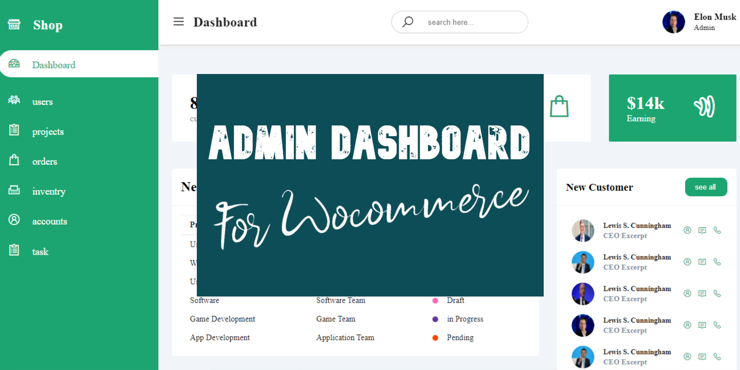 admin dashboard for woocommerce or ecommerce websites 