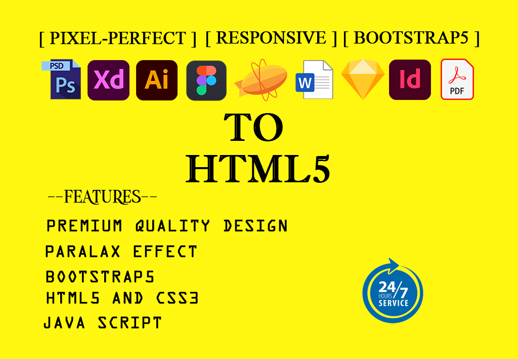 I will convert psd to html, xd to html, pdf, ai to html bootstrap5 responsive