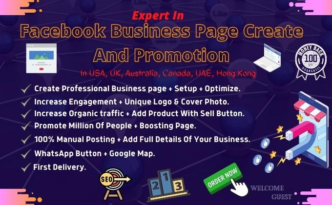 I will Create a Professional Facebook business page, design and all setup in other country.