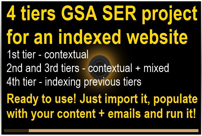 I will create 4 tiers GSA SER project ready to use - 4th tier is indexing - for Search Engine Ranker