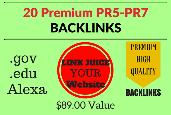 20 Premium, High PR5-PR7 Backlinks Plus free Ping .gov .edu Alexa