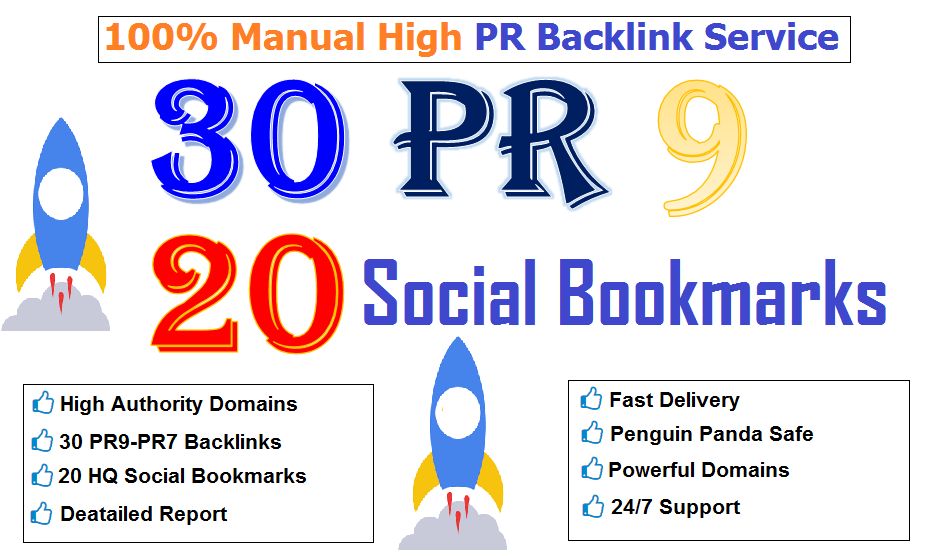 manually do 30 PR9 + 20 HQ Social Bookmarks safe SEO Backlinks