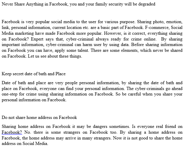 Never Share Anything in Facebook, you and your family security will be degraded