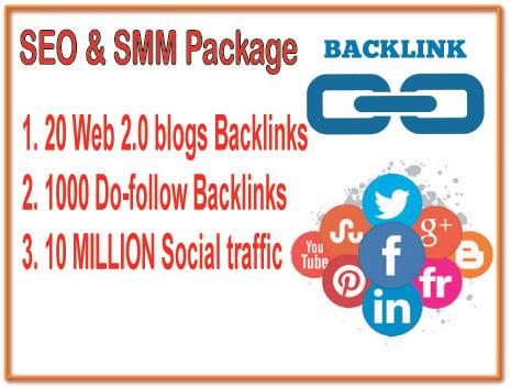 SEO & SMM Package - 20 Web 2.0 blogs backlinks -1000 Do-follow backlinks- Promote 10 Million Social People