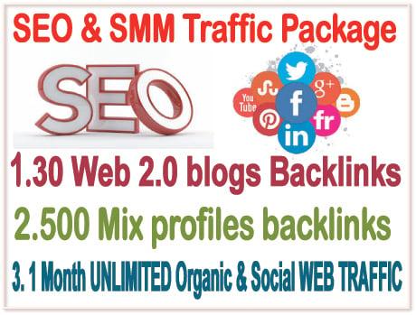 SMM Traffic  & SEO Best Pak- 30 WEB 2.0 Blogs Backlinks- 500 Mix Profiles Backlinks- 1 Month Unlimited web traffic