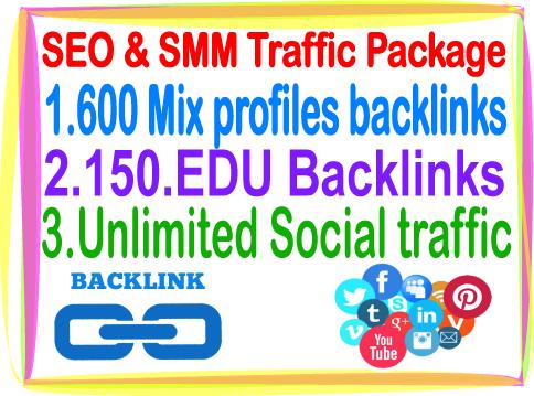 Most Popular SEO & SMM Package on SeoClerks- 600 Mix profiles Backlinks- 150 Edu Backlinks- Unlimited Social traffic