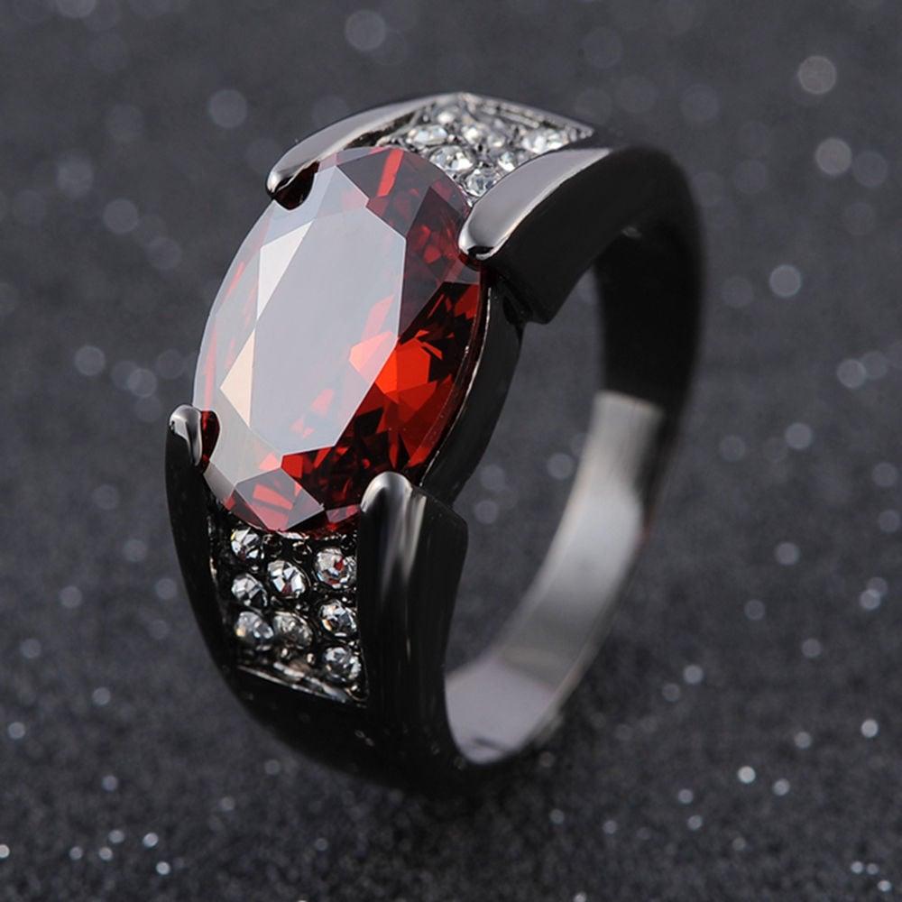 Solitaire Red Garnet Fashion Black 18K Gold Filled Man's Rings 