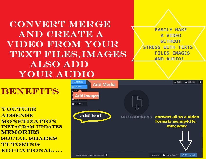 Convert Merge and Create A Video from Your text images also Add your audio