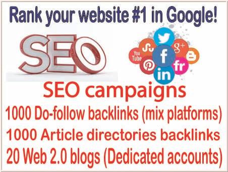SEO campaigns-1000 Do-follow backlinks- 1000 Article directories backlinks-20 Web 2.0 blogs backlinks