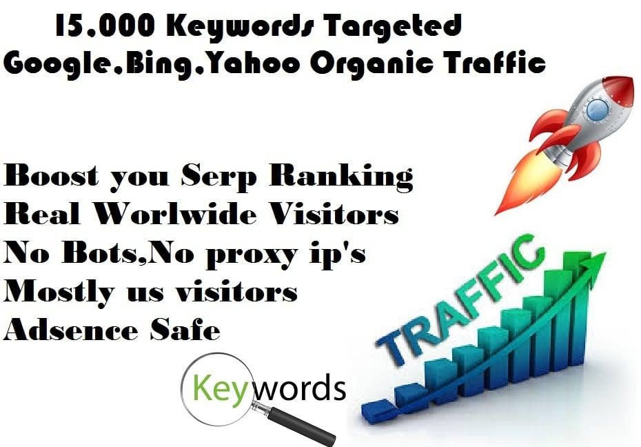 Drive 15,000 Google Keyword targeted Real traffic with Low Bounce Rate