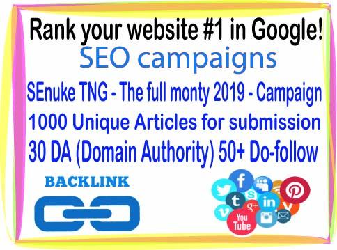 SEO Rank campaigns- SEnuke TNG - The full monty 2019 -1000 Unique Articles for submission-30 PR9 - DA (Domain Authority) 70+