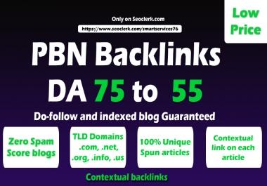 50 High Matrics DA 75 to 55 HQ PBN Backlinks With Permanent Contextual Do follow Links
