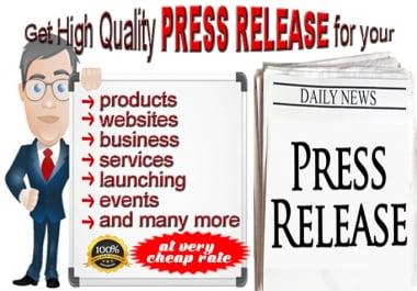 Get High Quality,  SEO Optimized Press Release for Brand Awareness,  Traffic Visitors,  Higher Rankings