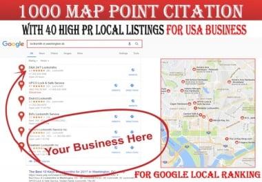 I will do 1000 google map point citations with 40 local listings for USA local business ranking
