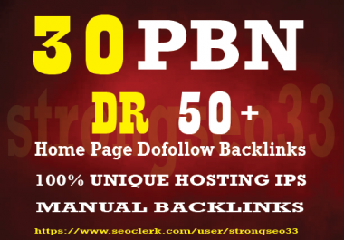 I will provide 30 Home page Dofollow PBN Backlinks DR 50 Plus for