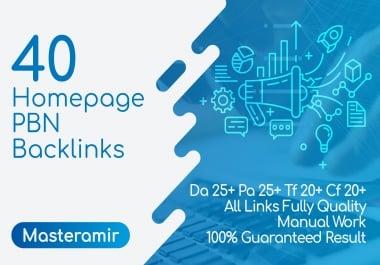 Create 40 UNIQUE HOMEPAGE PBN DA PA TF CF 25+ Backlinks