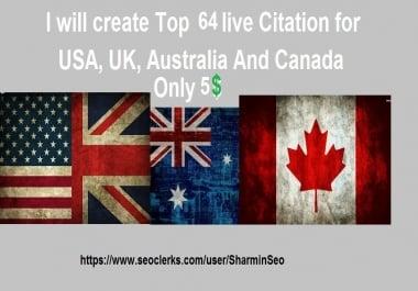 create top 64 live Local SEO Citation for USA,  UK,  AU And Canada