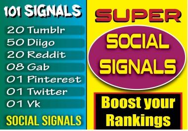 20 Tumblr,  50 Diigo,  20 Reddit,  8 gab,  1 Pinterest,  1 Twitter & 1 Vk Signals to Google 1 Rankings