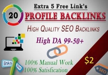 I will create 20 unique domain high Quality SEO Backlinks High Da Manual work Extra 5 free links