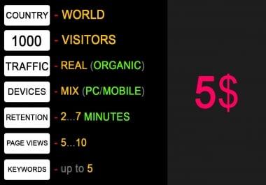 1000 real organic visitors,  2-7 minutes,  5-10 pages