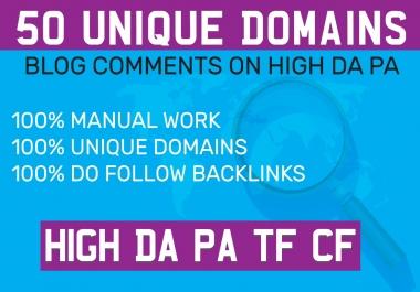 DO 50 unique domains blog comments SEO backlinks On High DA PA