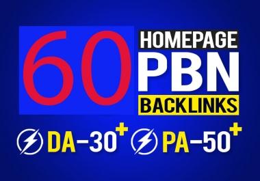 I will provide 60 Homepage seo pbn backlinks da 30 plus pa 50 plus