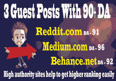 With 90+ DA,  write and publish 3 guest posts on Reddit,  Medium,  Behance