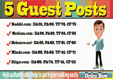 Write and publish 5 guest posts on Reddit,  Medium,  Behance,  Minds,  Diigo with high DA