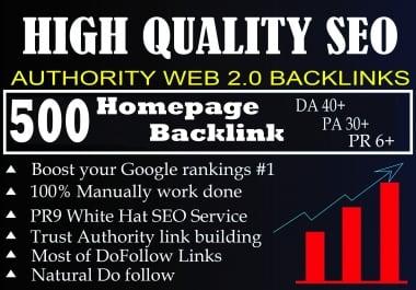 I Will Provide DA50+ PA40+ DR50+500 Homepage web2.0 Backlink Permanent Dofollow With unique website