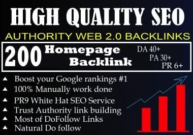 I Will Provide DA 40+ PA 30+ PR 6+ Web2.0 200 homepage Backlink in 100 do-follow in unique site