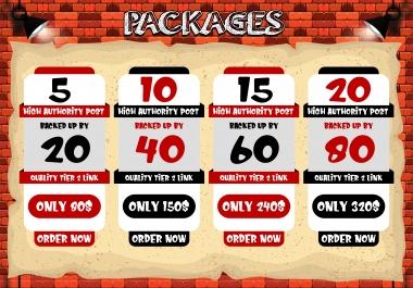 5 High Authority P0sts Published on DA 80 Do-follow links with Backed up by 20 Tier 2 links