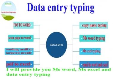 I will do data entry work,  MS Word,  MS Excel,  PDF to Word,  PDF to Excel