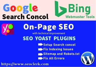 On-page SEO WordPress website Yoast Plugin, Google search Console Index