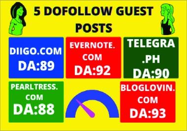 Write And Publish 5 Dofollow Guest Posts On High Traffic DA 89+ Sites