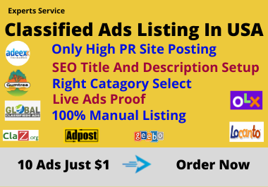 I will do 10 classified ads posting high PR site in USA