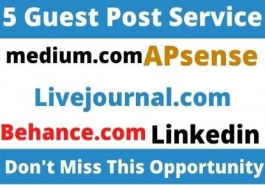 DA90+ Write and Publish 5 Guest Post on Medium,  Apsense,  Livejournal,  Behance,  Linkedin Website