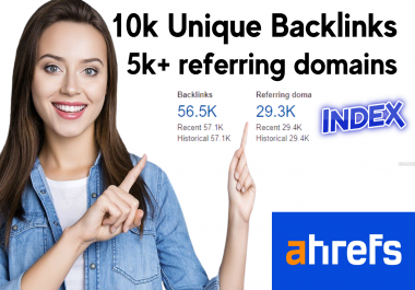 I will manually build 10k redirect unique backlinks plus 5k referring domains on ahref with indexing