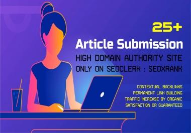 Provide 25 unique Article Submission High Domain Authority site with Google Rank